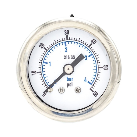 Pro 1 1/2 in Dial, 0/60 PSI & Bar, 1/8 in NPT, Back Mount Dry/Fillable Pressure Gauge PRO-302D-158D-01